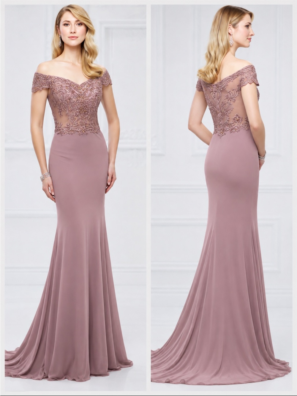 Montage by Mon Cheri Mink color cap sleeve long Gown